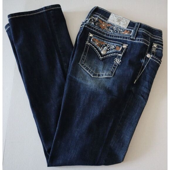 Miss Me M3953B Women's Sz 33 Dk Blue Floral Paradise Mid-Rise Bootcut Jeans - Picture 13 of 13